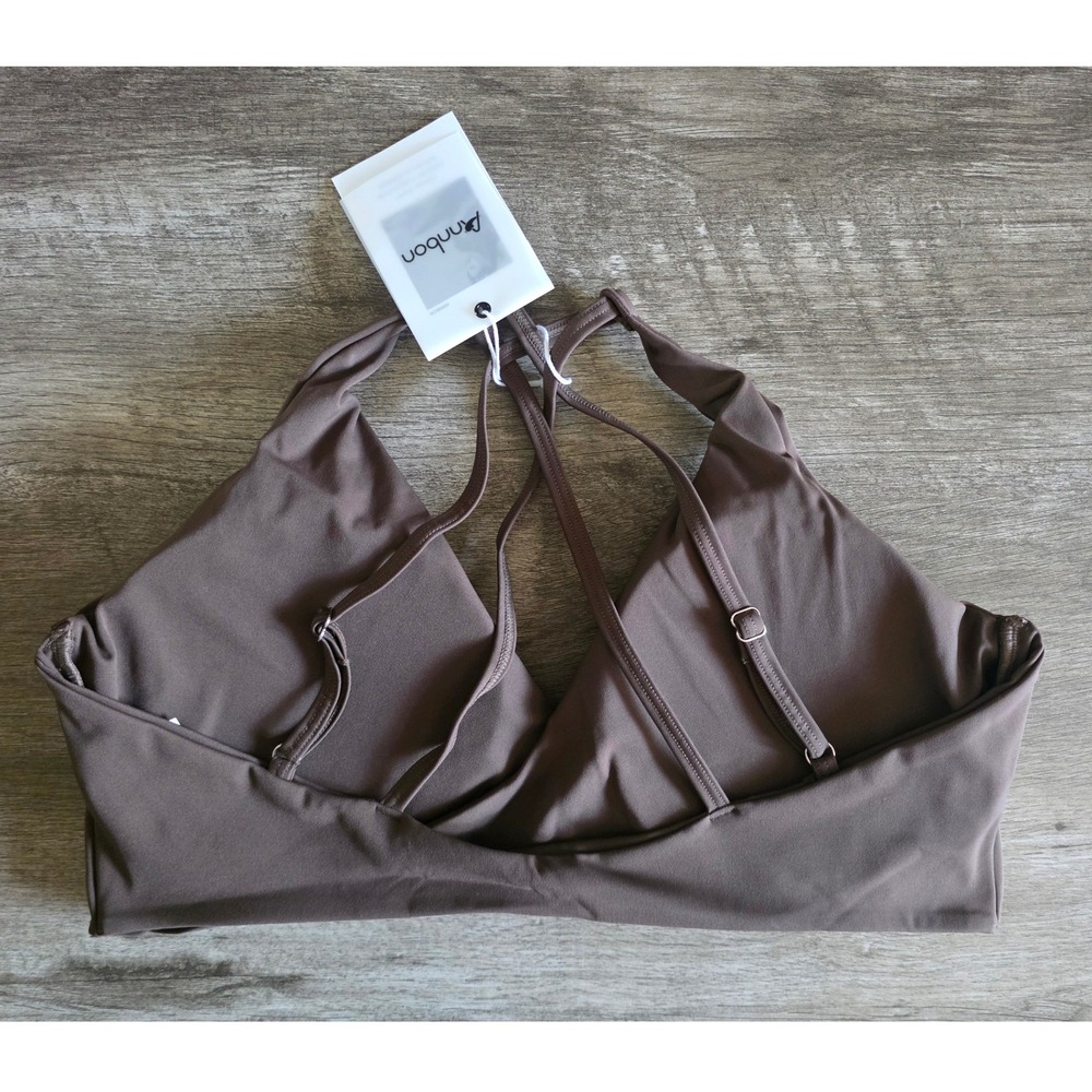 Annbon Womens XL Strappy Racerback Sports Bra  Brown V-Neck Activewear NWT - Picture 2 of 4
